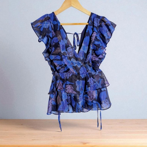 Ted Baker London Sz 2 Rowyn Blue Floral Ruffle Blouse - Picture 1 of 7